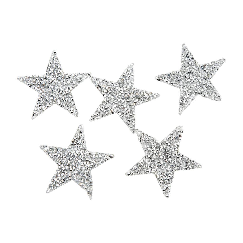5 Pcs Star Iron On Patches 6cm Silver Resin Shiny Rhinestone Five Pointed Star Hot Melt Adhesive