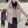 BITCED Women's Short Down-Filled Cotton Jacket with Oversized Fur Collar - Winter Fashion Coat