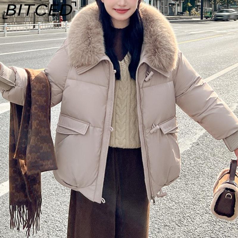BITCED Women's Short Down-Filled Cotton Jacket with Oversized Fur Collar - Winter Fashion Coat