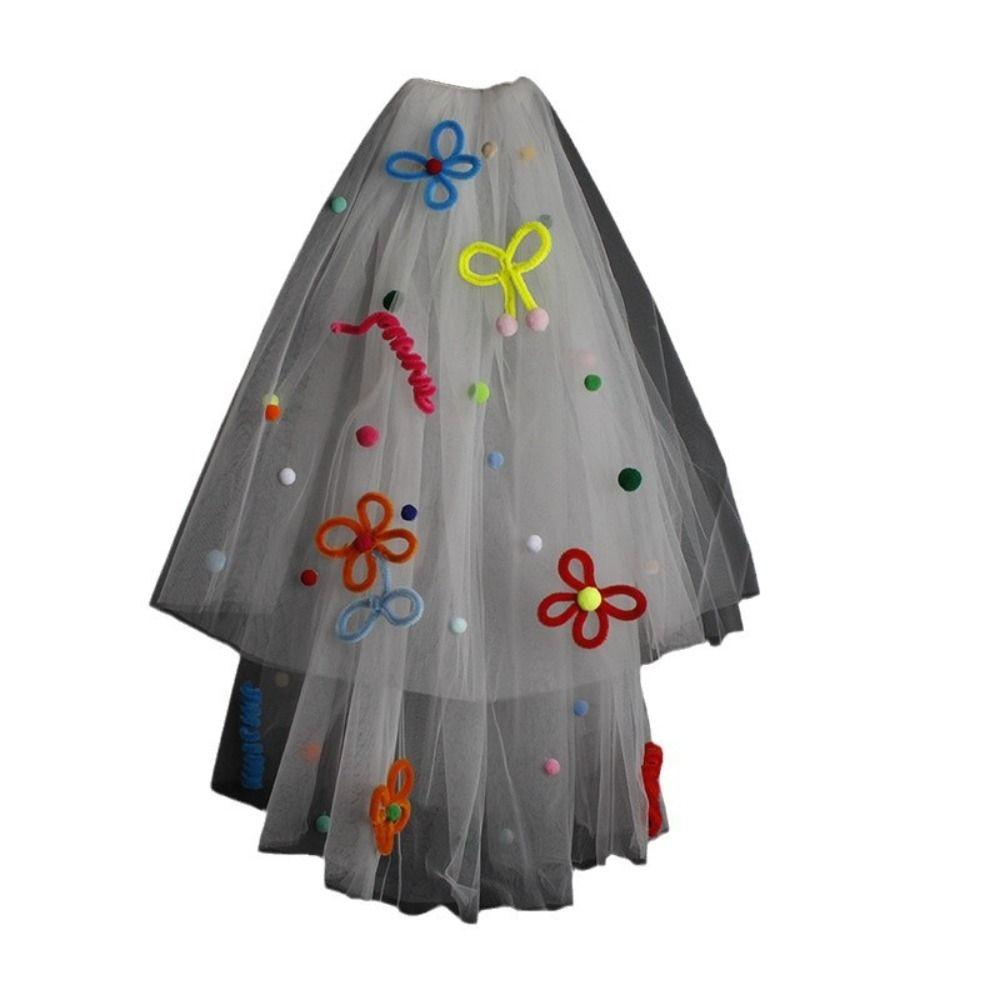 Photo Props Pompom Mesh Tulle Colorful White Veil Wedding Veils Bridal Veils Headdress Accessories