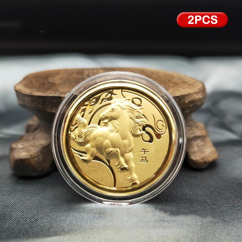 HOT 2Pc 2026 Year The Horse Imitation Commemorative Coin Paper Lucky Animal Pony Imitation Gold Foil Paper New Year Souvenir Gi