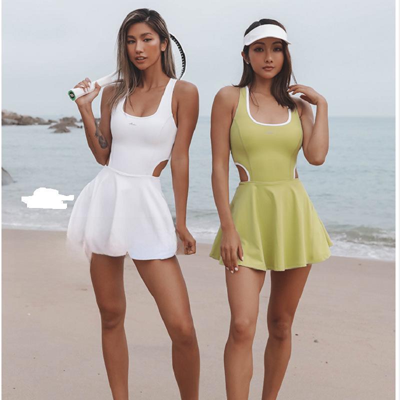 "High-End Nude Yoga Suit: Double-Layer Skirt and Hot Pants Swimsuit"