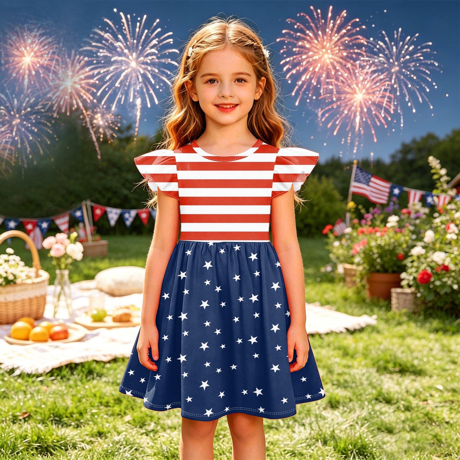 

Girls Puff Sleeve Dress Independence Day Holiday Dress American Flag Patterned Skater Dress Casual Summer Outfit for Kids 150