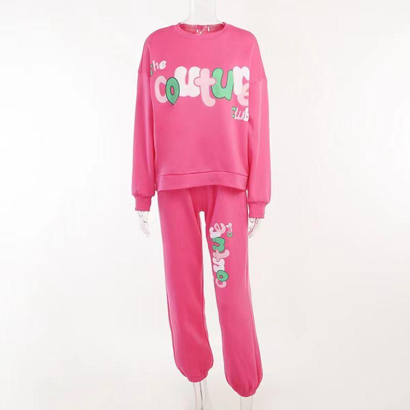 

Fashion Style New Arrival Letters Print Long Sleeves Sweatshirt and Sweatpants Casual Women s Suit Top Long Pants Suit Pink L
