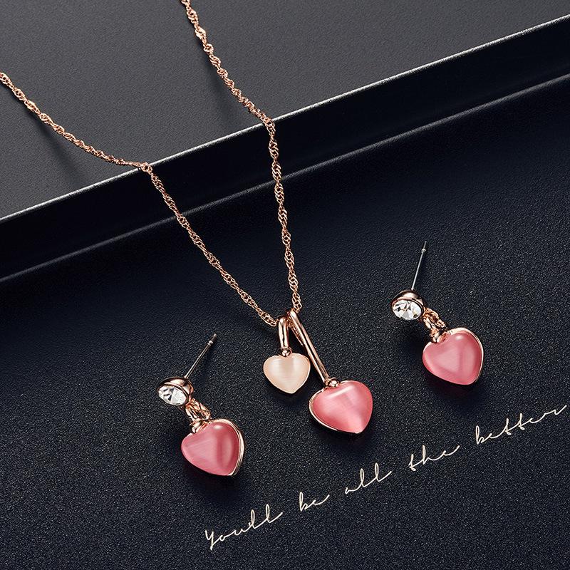 European-American Hibiscus Stone Cat's Eye Alloy Jewelry Set: Rose Gold Wedding Earrings & Necklace