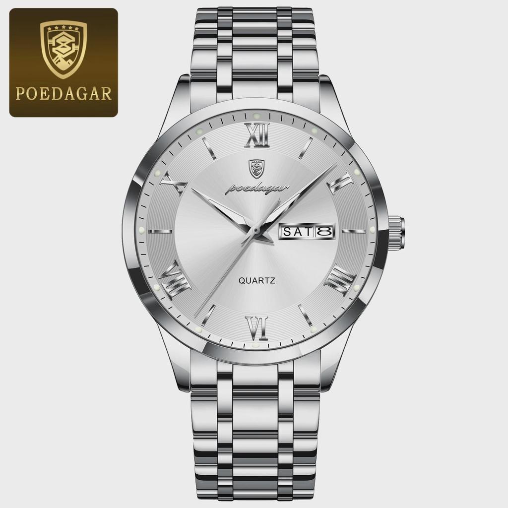 POEDAGAR Luxury Man Clock Waterproof Luminous Week Date Fashion Men's Wristwatch Stainless Steel Business Quartz Watches For Men