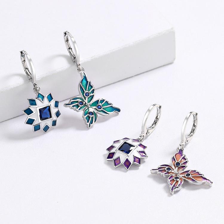 Creative Geometric Asymmetric Butterfly Lady Earrings Sapphire Flower Mosaic Enamel Earrings