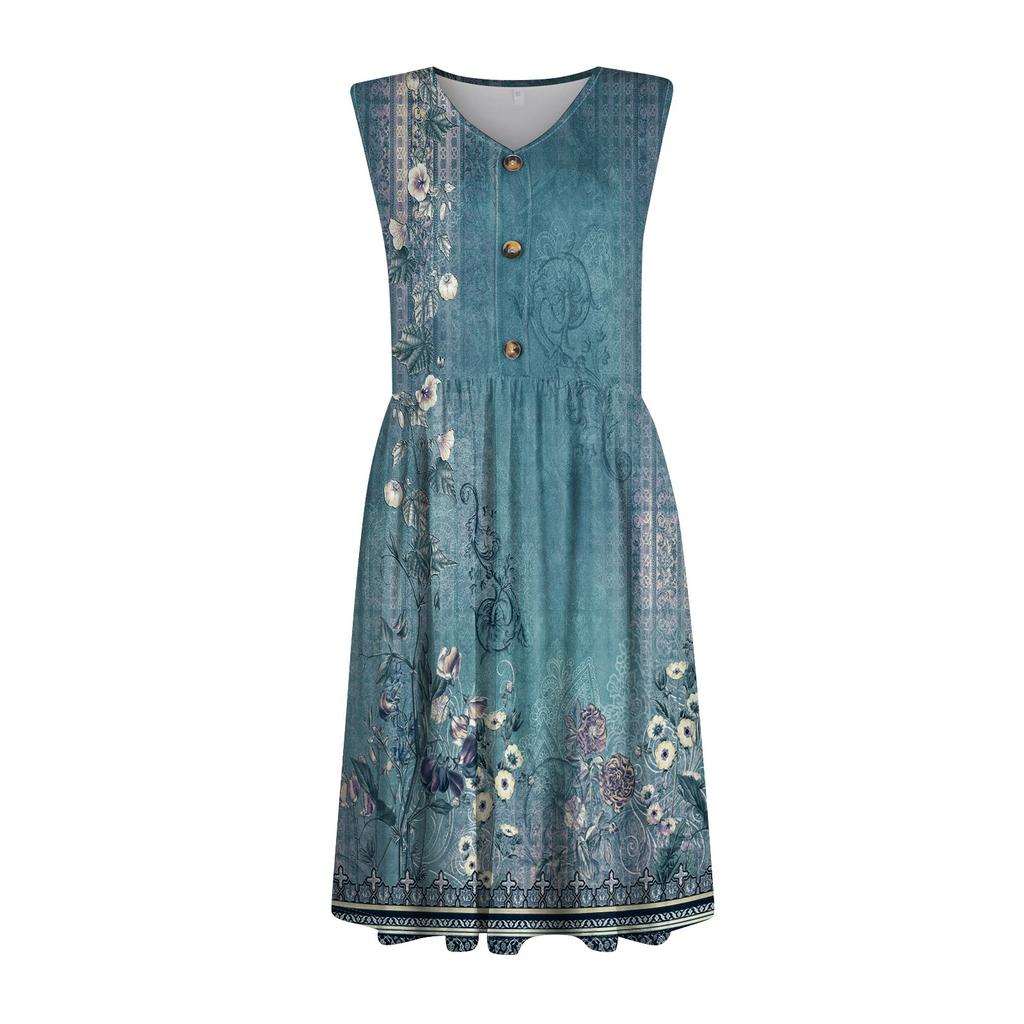 Women's Casual Fashion Sexy V-Neck Button Decoration Sleeveless Floral Floral Print Dress