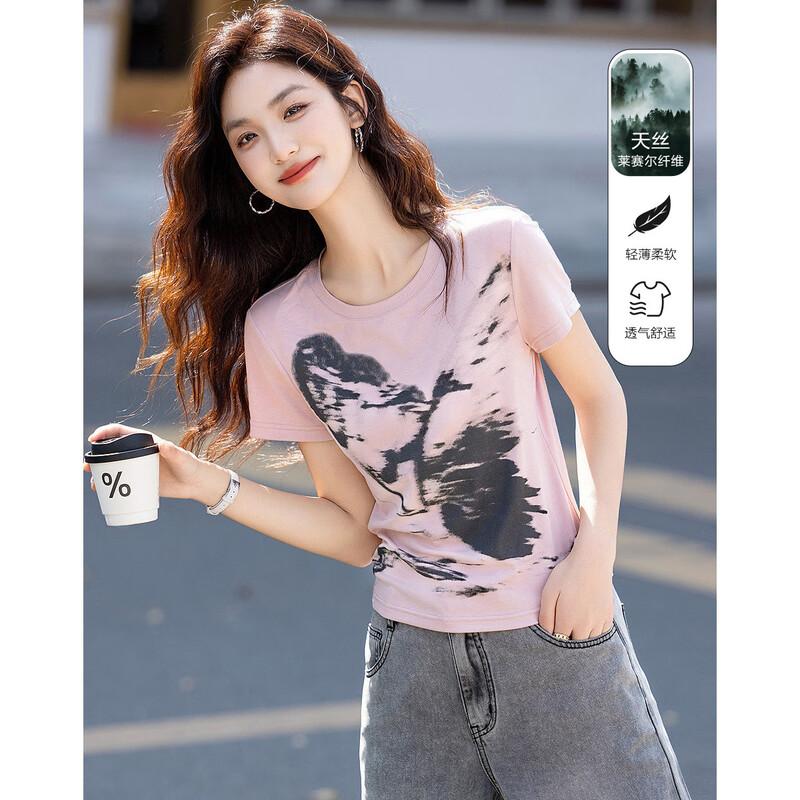 Women s Ribbed Tencel Blend Butterfly Print Slim-Fit T-Shirt M