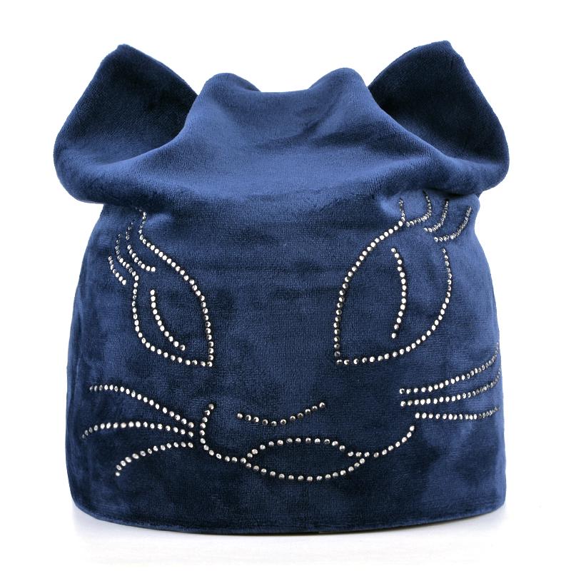 Winter Beanie Hats For Women Cut Hat With Rhinestone Cat Pattern Beanie with Ear Velvet Hat For Girl