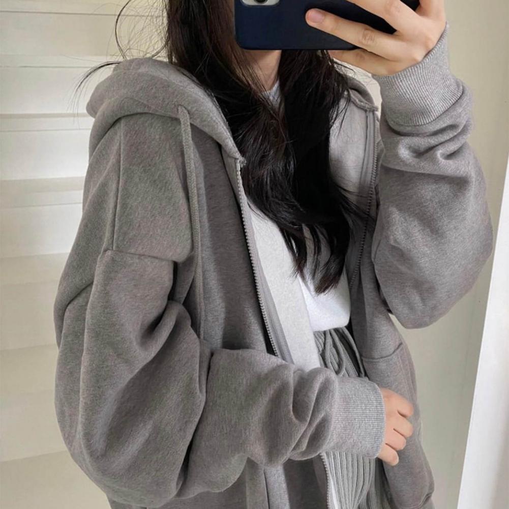 Women Winter Coat Zipper Closure Thick Hooded Long Sleeve Drawstring Loose Solid Color Pockets Elastic Cuff Lady Autumn Jacket