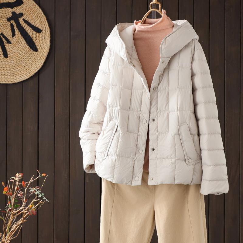 White duck down light down jacket women's winter hooded casual solid color simple warm loose literary jacket