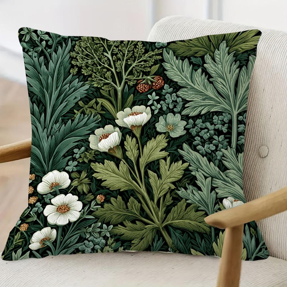 1Pc Cottagecore Living Room Pillow Cover, Polyester 2D Double Sided Print Cushion Case, Dark Green Botanical Throw Pillowcase Fo