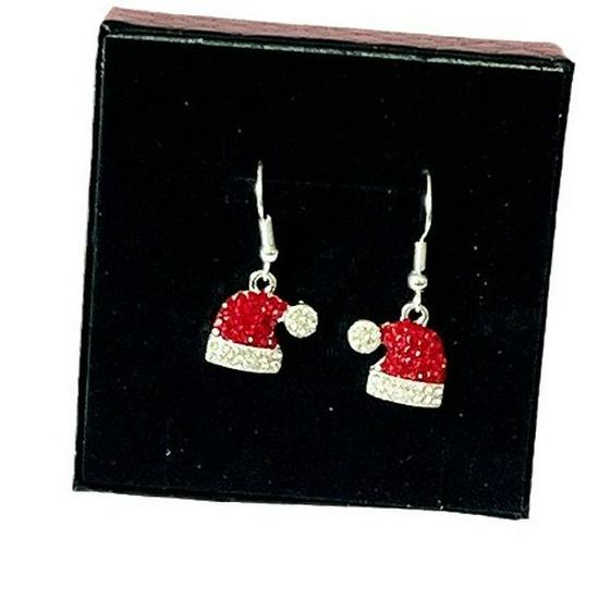 Evropský a americký horký styl vánoční náušnice náhrdelník set: Roztomilý svěží přívěsek ve tvaru vánoční čepice s plným osazením diamanty