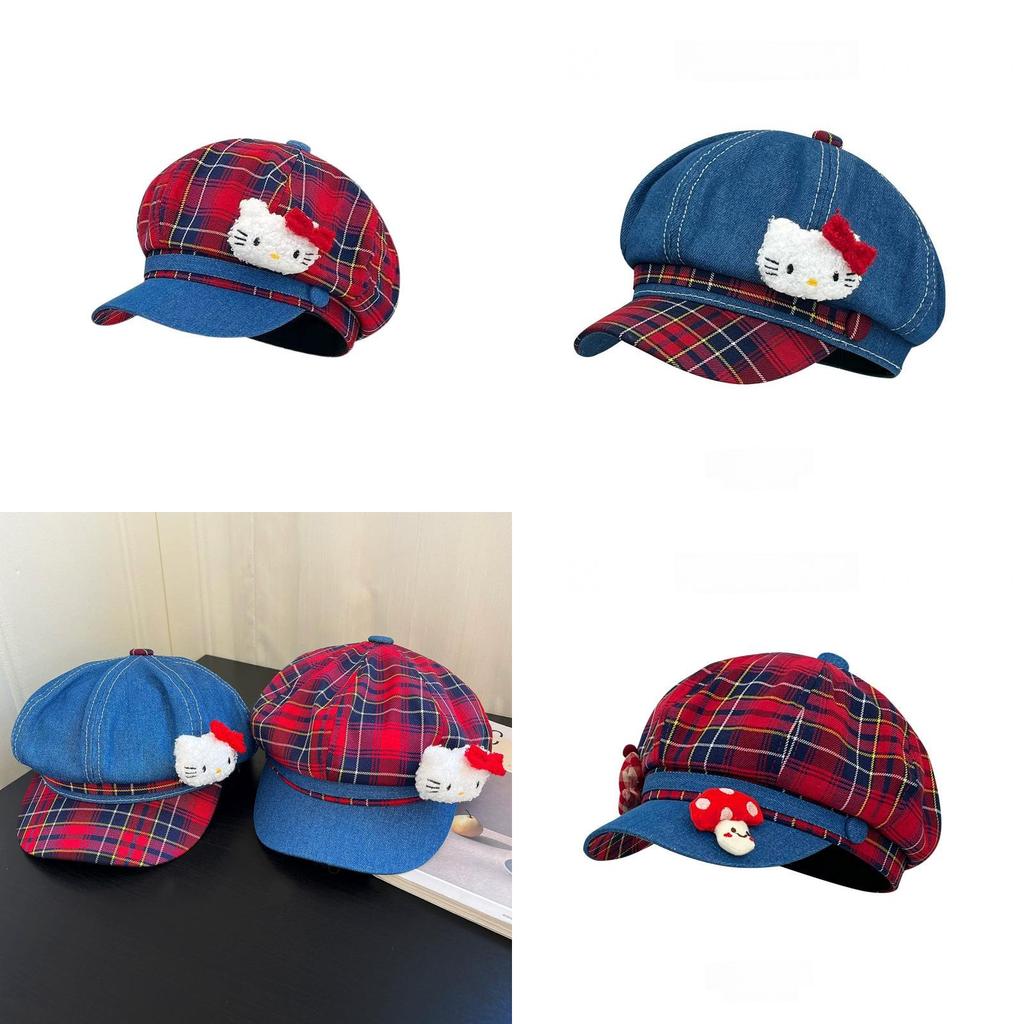 Hello Kitty Kt Cat Karriertes Cloche-Hut Mit Stickerei Für Sommerliche Freizeitkleidung