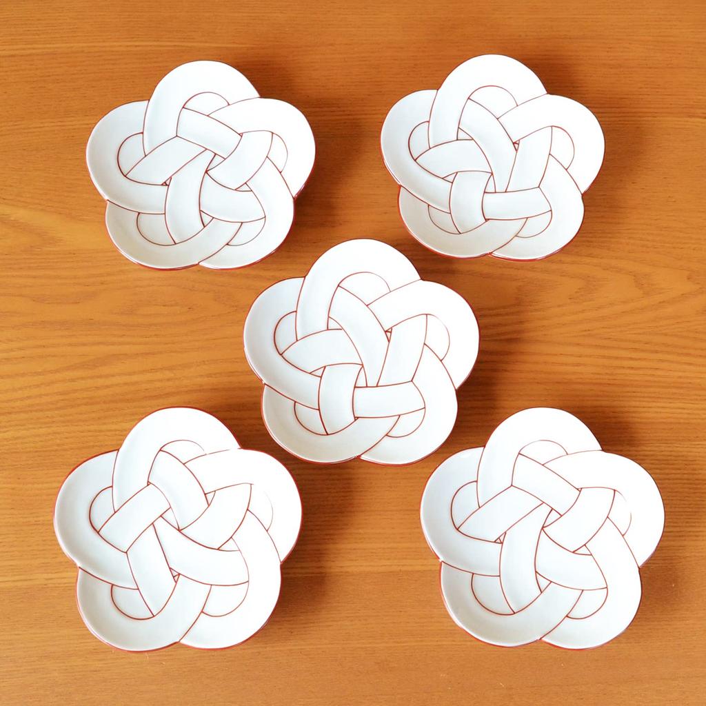 Neujahr Japanisches Glück Arita Pflaume Zinnoberrot Mittleres Set mit Präsentationsbox Geschirr, Geschirr, Teller, 15cm, Anhänger, Keramik, Musubi, Rot, Linie, Teller,