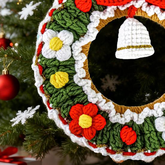 Crochet Christmas Wreath Ornaments Handmade Knitted Wreath Hanging Decoration with Bell for Xmas Tree Holiday Wall Home Decor