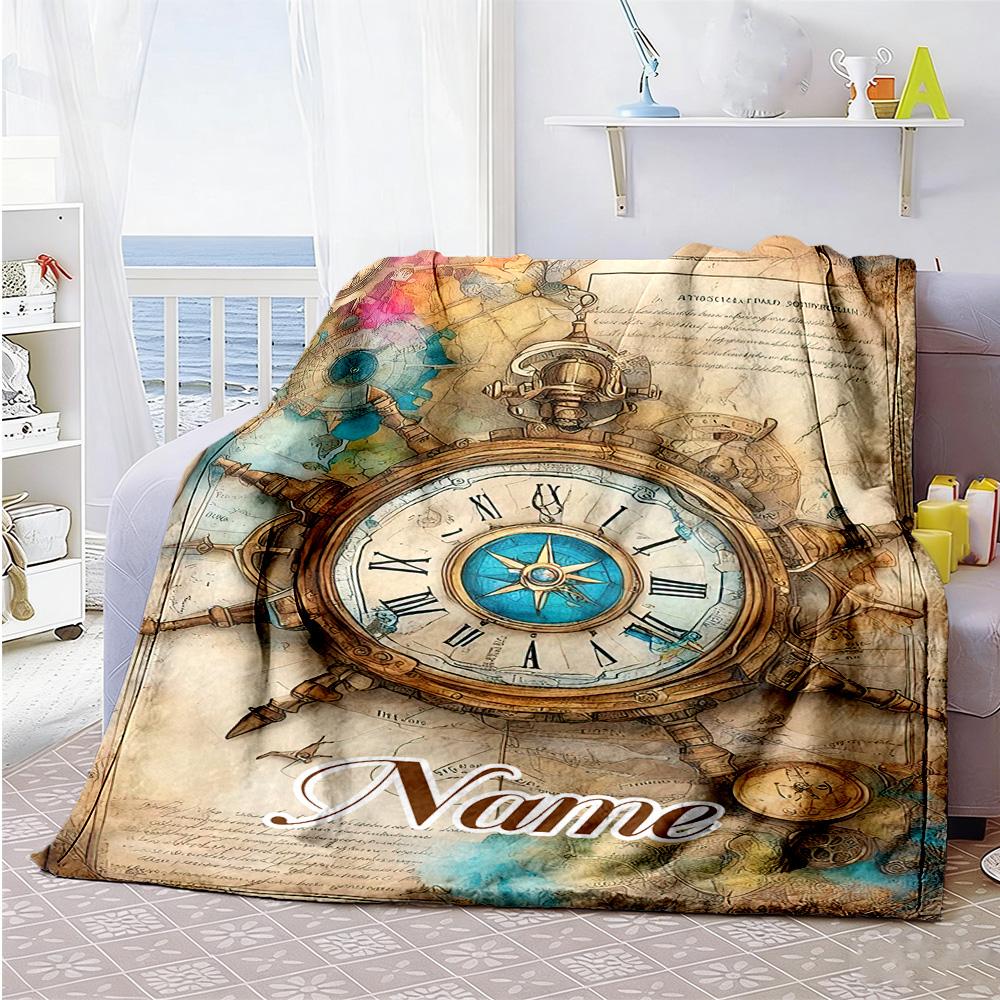 Retro Clock Customize Your Name Blanket Cozy Personalized Blanket Warmthful Decor Perfect for Couch Seaside Chair Picnics Four Seasons Multipurpose