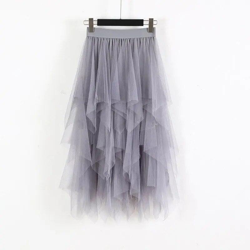 Elastic High Waist Long Tulle Skirt Women Irregular Hem Mesh Tutu Skirt