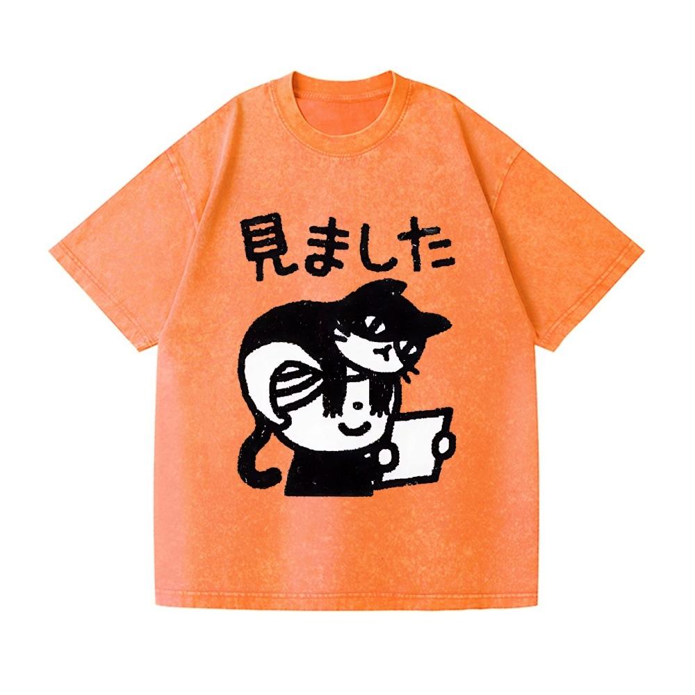 Harajuku Fashion Men's Washed T-shirts Vintage Cat Printing Japanese Design Tees Short Sleeve Round Neck Chic Hiphop Tops