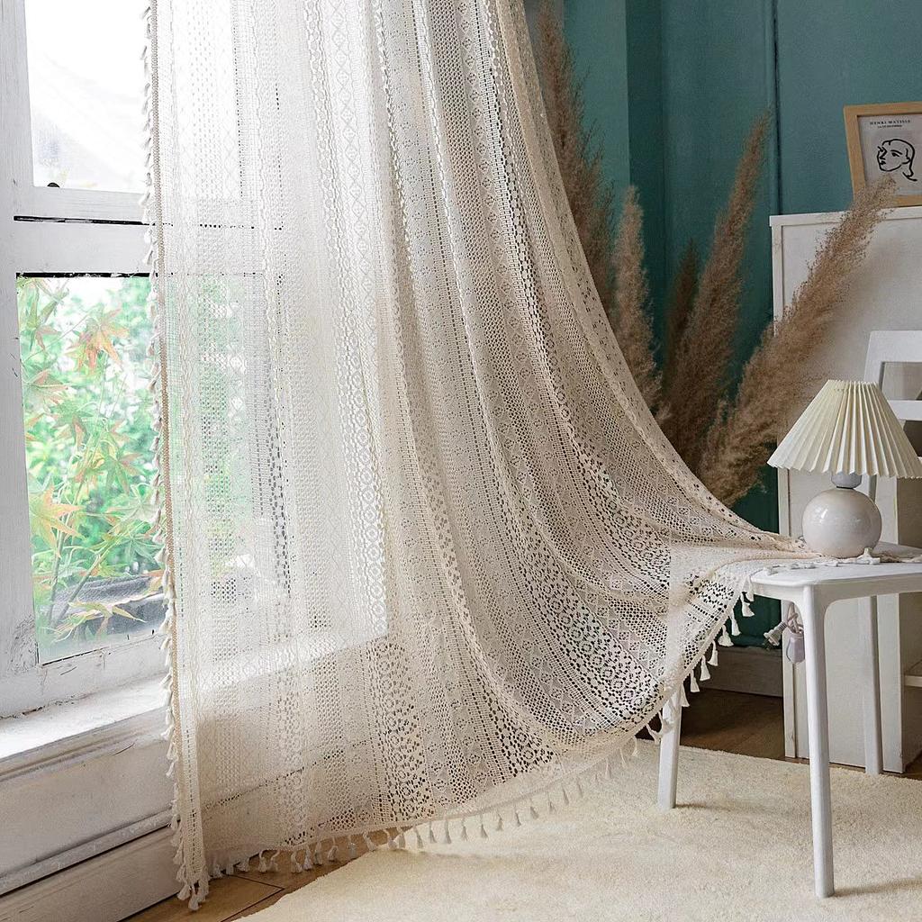Boho Sheer Curtains for Bedroom, Crochet Knitting Cotton Macrame Lace with Handmade Tassels, Vintage Semi Hollow Striped,1 Panel