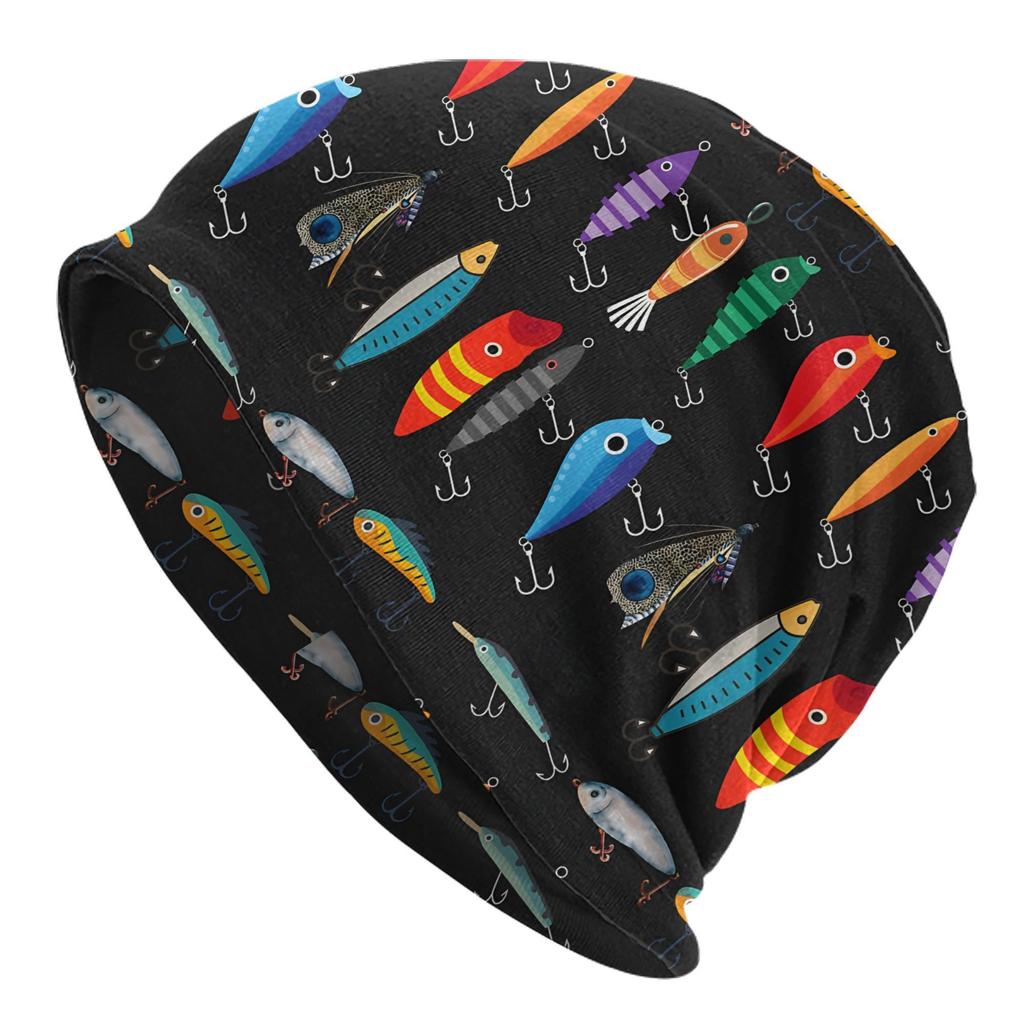 Fashionable Knit Polyester Beanie Hat With Fishing Lure Pattern, Stretchable Skull Cap With Elastic Weave