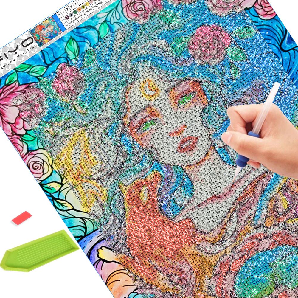 FIYO 11.8x16.73 palce Diamantová malba Plné kulaté vrtání Dívka s měsícem Kulatá diamantová malba Ručně vyráběná DIY Diamantová mozaiková malba Domácí dekorace