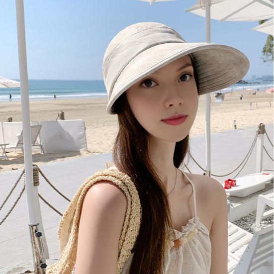 Beach Hat Large Brim Full Face Sun Protection Breathable Semi-Hollow Design Ties Foldable Hat Summer UV Blocking Ponytail