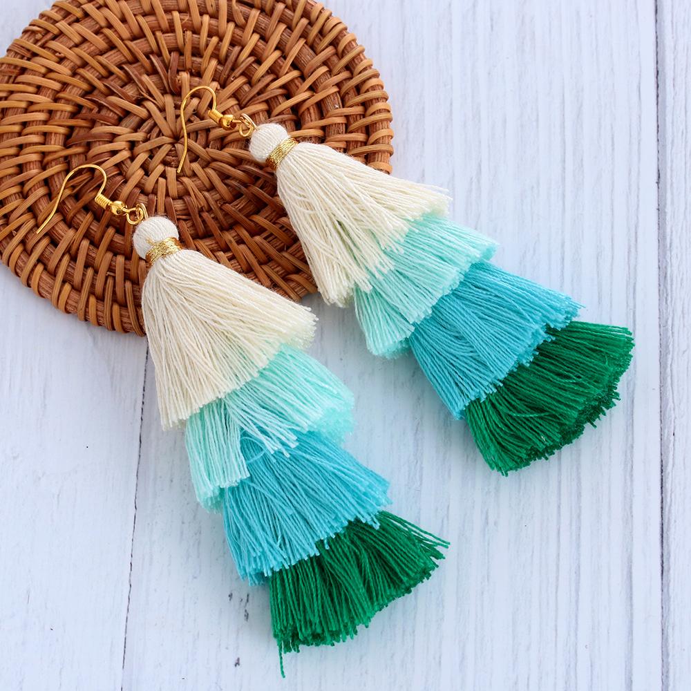 Boho Gradient Ethnic Ear Stud Bohemian Dangle Drop Earrings Multilayer Drop Long Tassel Earrings