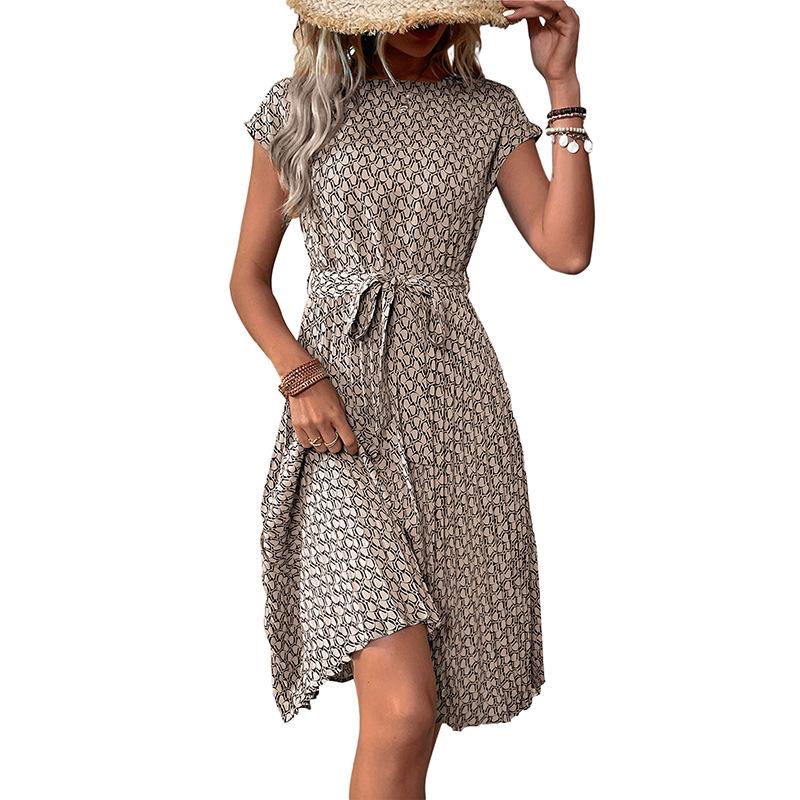 Summer Short-sleeved Lace-up Pleated Dress Amazon Temu Hot Sale Fashionable Women's Clothing Elegant Temperament Simple Skirt