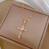 Pink Cross Light Luxury Temperament Gorgeous Full Diamond Necklace Female Versatile Collarbone Chain Titanium Steel Chain