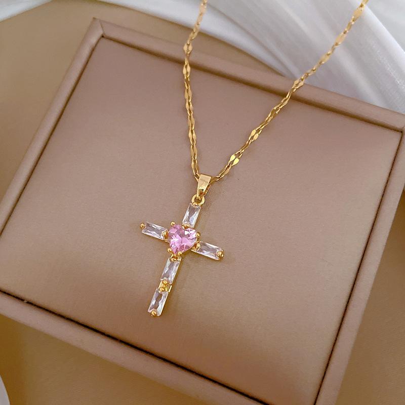 Pink Cross Light Luxury Temperament Gorgeous Full Diamond Necklace Female Versatile Collarbone Chain Titanium Steel Chain