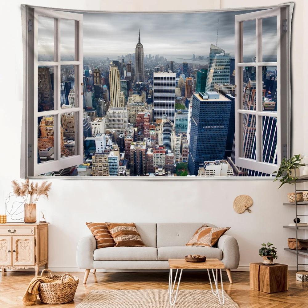 Urban Imitation Window Scenery Tapestry Wall Hanging Art Architecture Minimalist Hippie Tapiz Minimalist Living Room Home Decor