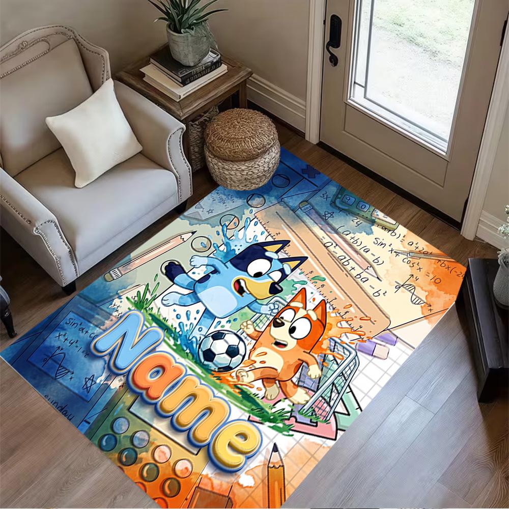 Bluey's Soccer Adventure Customized Name Floor Mat Perfect for Foyer Entryway Dining Room Hallway Anti-slip Rug Decorate Offices
