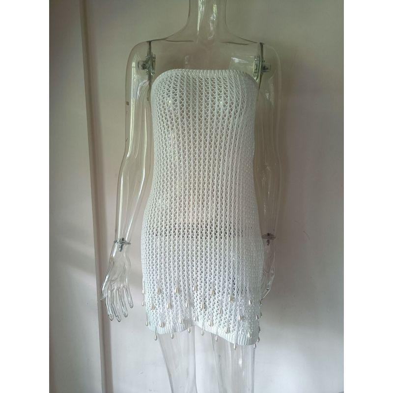 

Silm Sexy Shoulder Knitting Tube Top Sleeveless Dress Pearl Open Back Tassel Mini Dress Gown White S