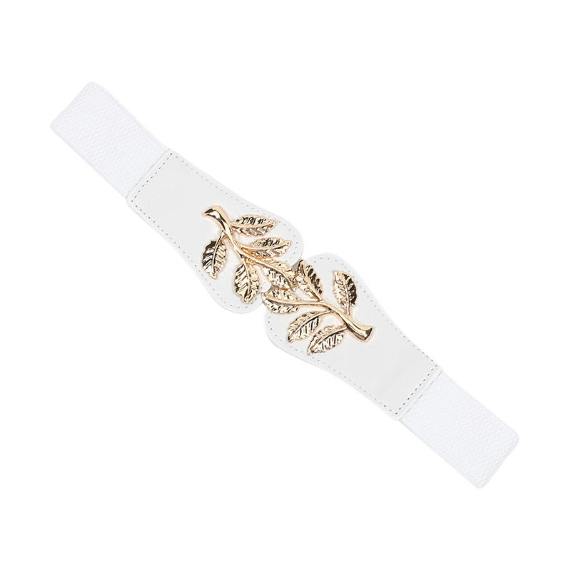 Women's Waist Belts Retro Waistband Golden Leaf Elastic Waist Closure with Double Hook Buckle Wide Belt Fashion Elegant Women Belt for Skirt