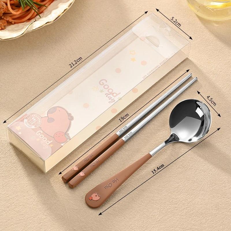 1Pcs Portable Cutlery Set Stainless Steel Cute Cartoon Animal Pattern Handle Spoon Chopstick with Box Travel Student Dinnerware Set