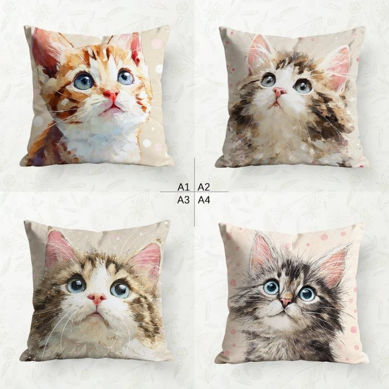 4Pcs Double-Sided Printed Throw Pillow Covers, Cute Tabby Cat With Blue Eyes Print Cushion Cases, Cat Lover Decor