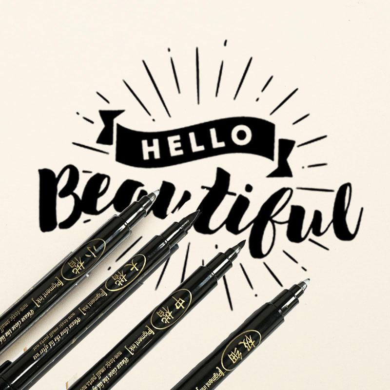 4Pcs/set Calligraphy Brush Pens, Hand Lettering Pens Soft and Hard Tip Water Based Black Ink Marker Set Art Drawings Markers