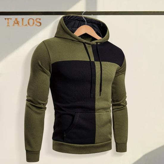 Men Fall Winter Hoodie Colorblock Drawstring Long Sleeves Big Pocket Hooded Retro Thin Loose School Daily Wear Casual Sport Top