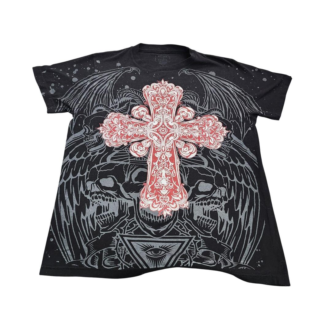 Return To Sender Shirt Mens Large Black Red Cross Skull Graphic Tee Gothic Top Unisex T-Shirt
