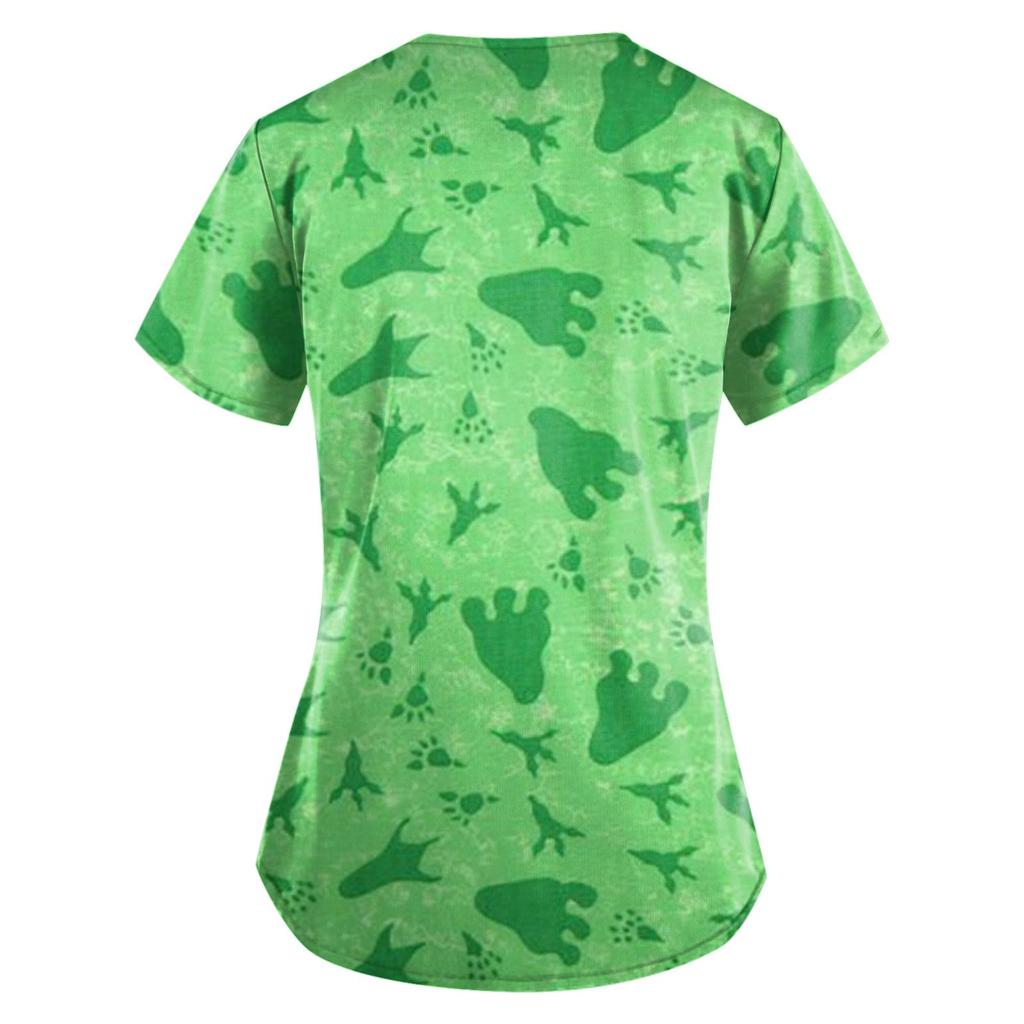 Women Fashion Spring And Summer Oil Painting Print V-neck Short Sleeve Workwear With Pockets Tops