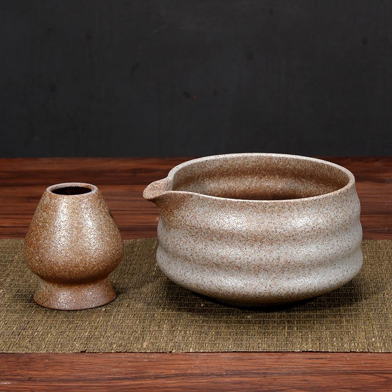 Coarse Pottery Matcha Bowl with Spout, Matcha Tool Brush, Japanese Tea Bowl, Matcha Cup, Stirrer, Tea Whisk Set Stoneware Reef Yellow Mat