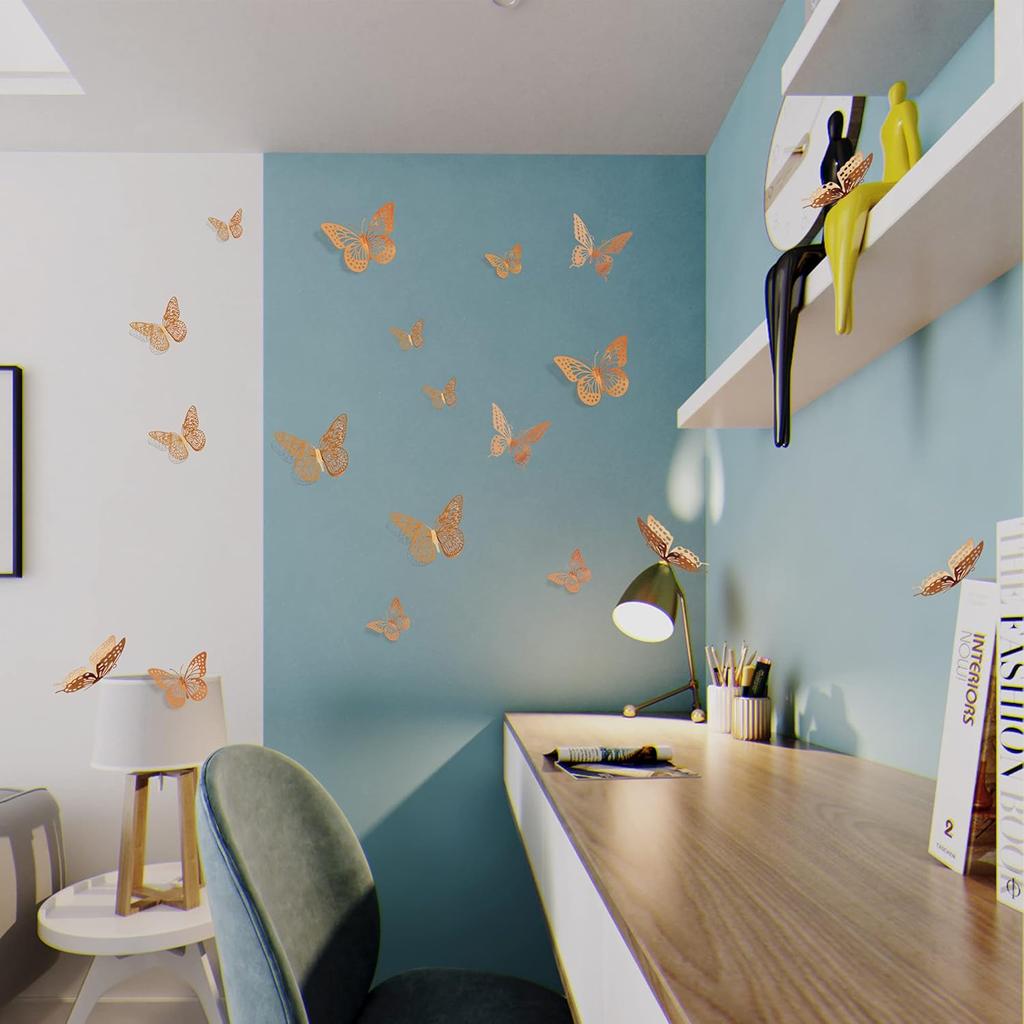 48 Pcs 3D Butterfly Wall Decor 4 Styles 3 Sizes Removable Metallic Stickers For Bedroom Nursery Party Wedding (Rose Gold)