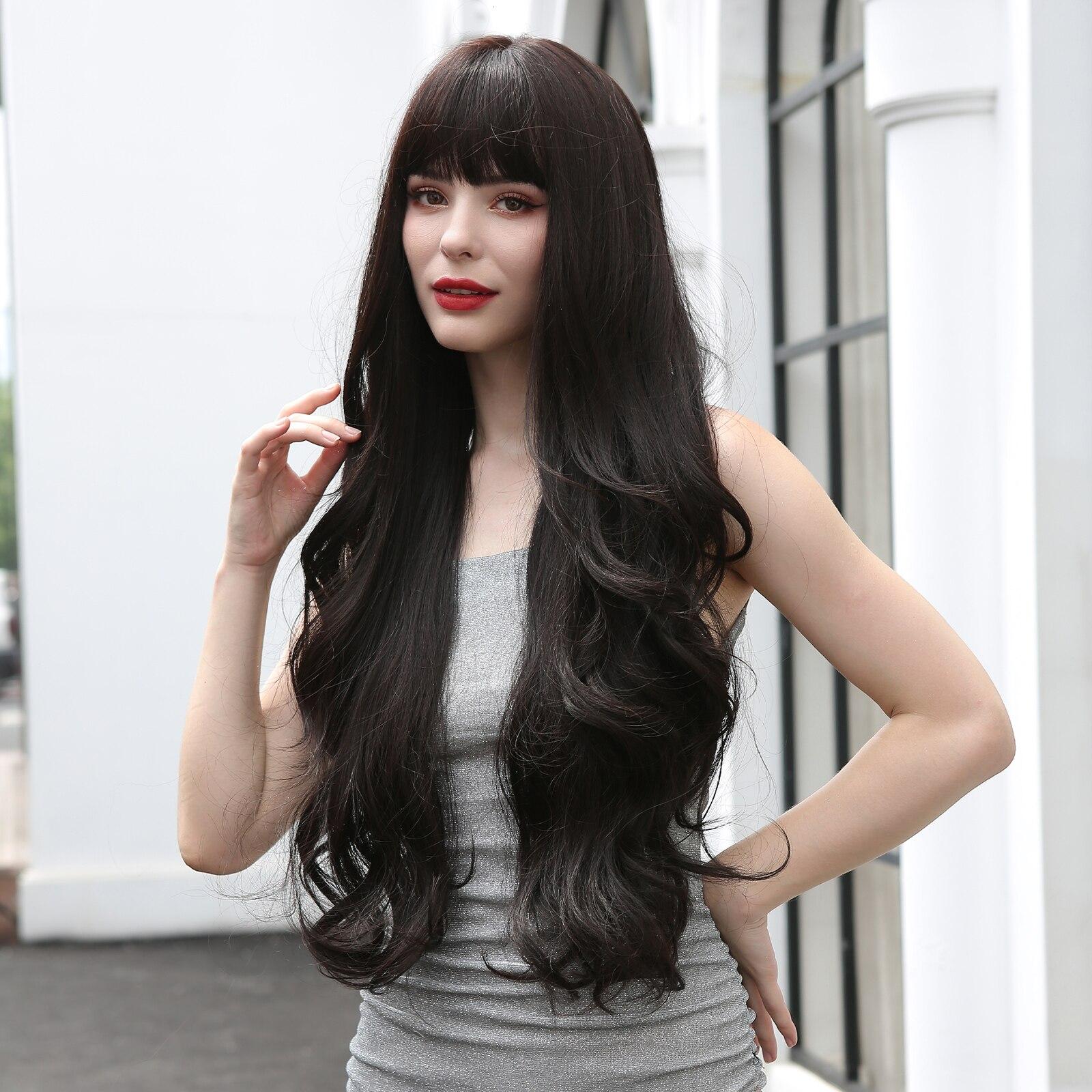 EASIHAIR Длинные темно-коричневые волнистые парики с челкой Натуральные синтетические — фото 4