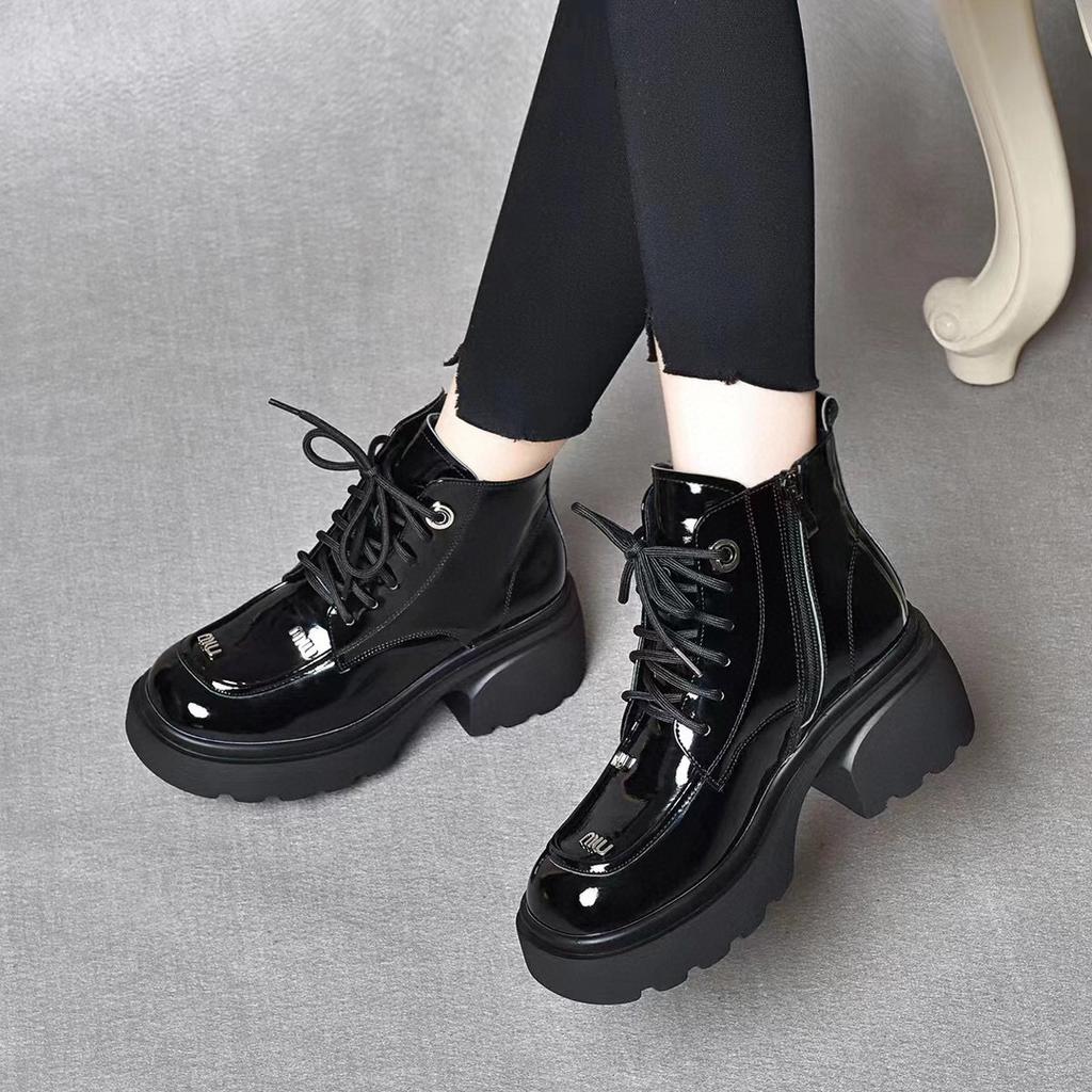 Round head platform short boots women's first layer cow patent leather lace-up Martin boots muffin and letter high-top shoes women's cotton shoes
