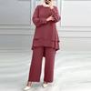 Women 2 Piece Outfit Long Sleeve Double Layer Blouse Wide Leg Pants Set Elegant Muslim Abaya Suit Casual Solid Modest Clothing For Middle East