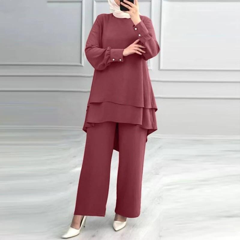 Women 2 Piece Outfit Long Sleeve Double Layer Blouse Wide Leg Pants Set Elegant Muslim Abaya Suit Casual Solid Modest Clothing For Middle East