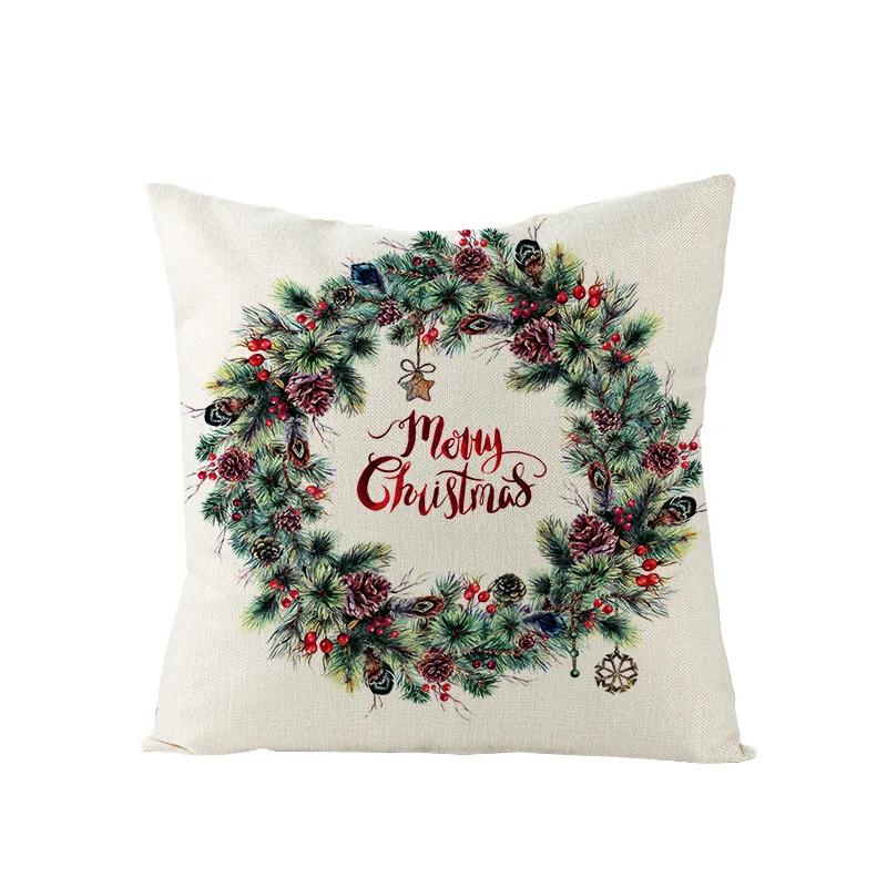 Nordic New Christmas Pillowcase Watercolor Wreath Linen Cushion Cover Sofa Cushion Cover