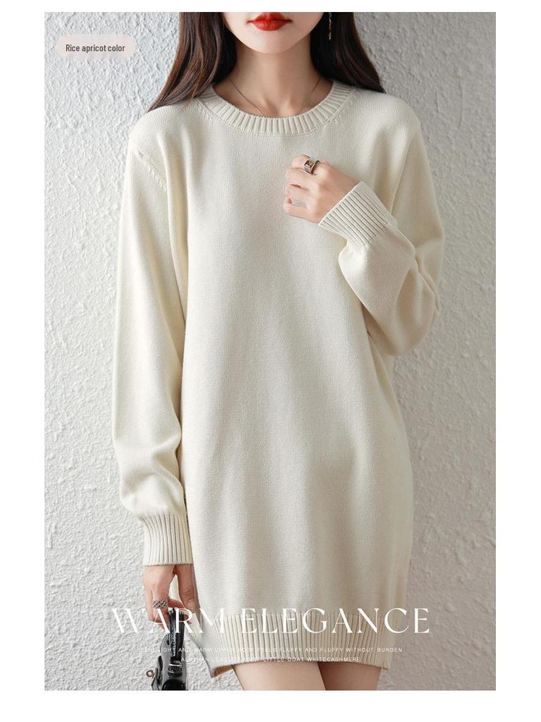Women's Mid-Length Knitted Cotton Sweater Dress - Solid Color, Round Neck, Thick, Hip-Wrapping, Loose Fit